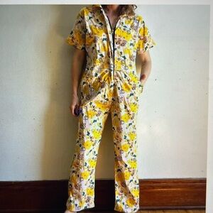 Nooworks Yellow Floral Cotton Front Zipped Jumpsuit